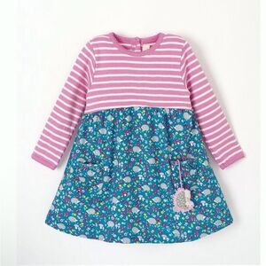 Jojo Maman Bebe Girls Stripe And Garden Hedgehog Print Dress - Pink- 2-3 years